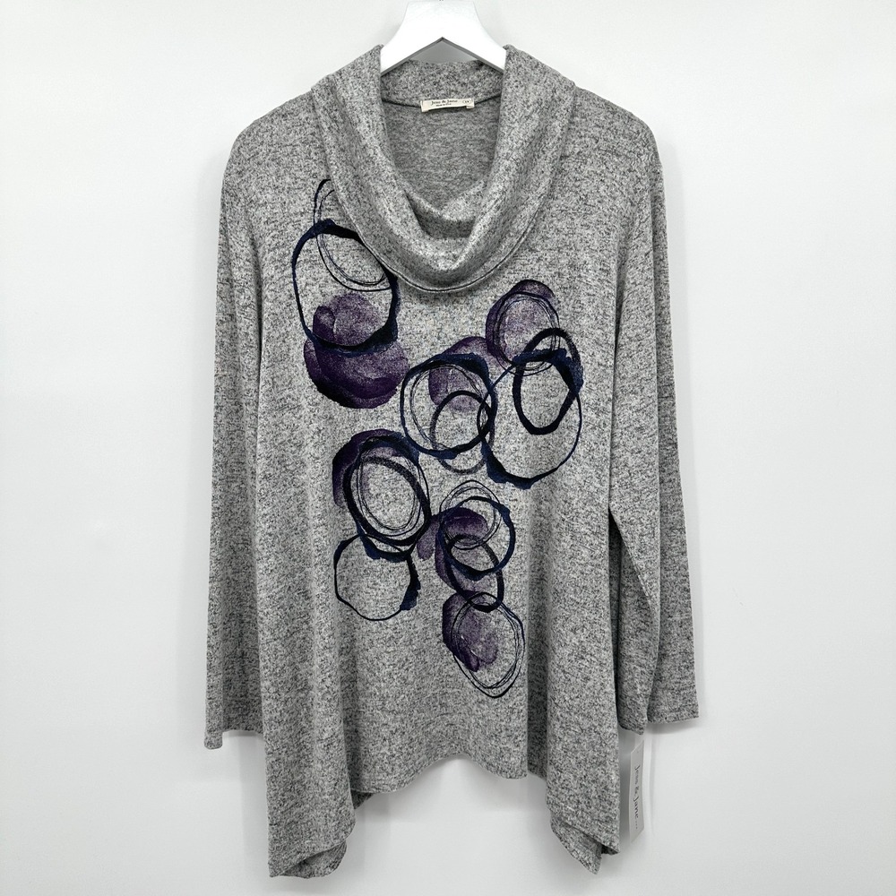 Jess & Jane‎ Echoes Top Shirt Size 1X Brushed Knit Cowl Neck Gray Artsy Boho New